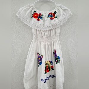 Girls Size 8 Mexican Traditional White Dress with Colorful Embroidery